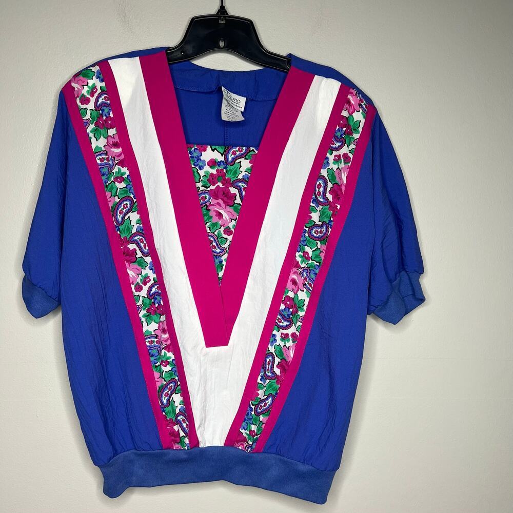 VTG Remo Polyester Short Sleeve Shirt Purple Pink Windbreaker Shoulder Pad Sz L